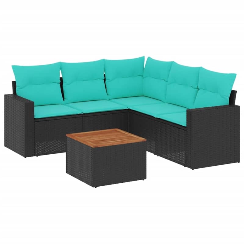 vidaXL 6 Piece Patio Sofa Set with Cushions Black Poly Rattan - 24.4 x 24.4 x 27.2