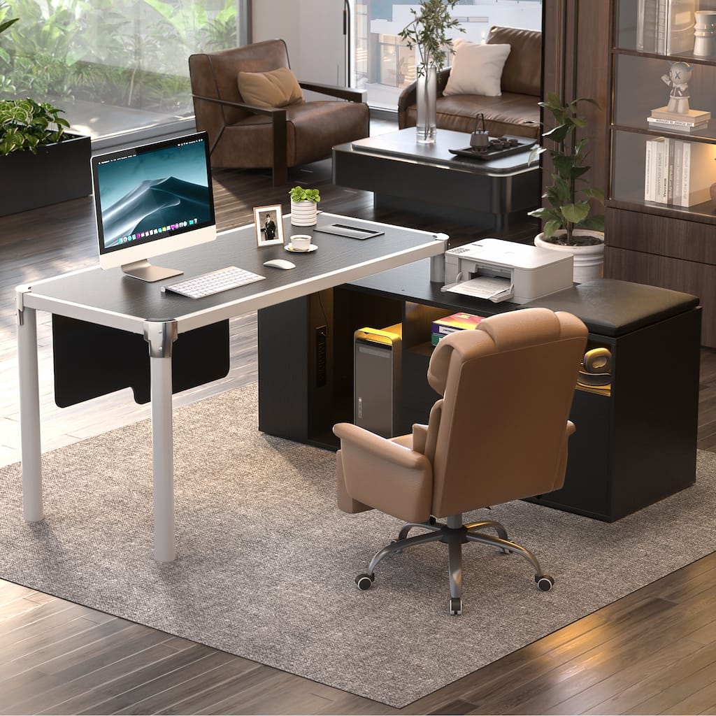 L Shaped Desk with File Cabinet and Power Strip, Reversible Corner Office Desk with LED Lights