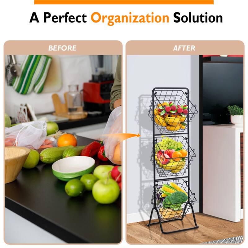 3-Tier Black Steel Kitchen Counter Fruit Basket Stand with Removable Wire Baskets - 12" x 11" x 42.5"(L x W x H)
