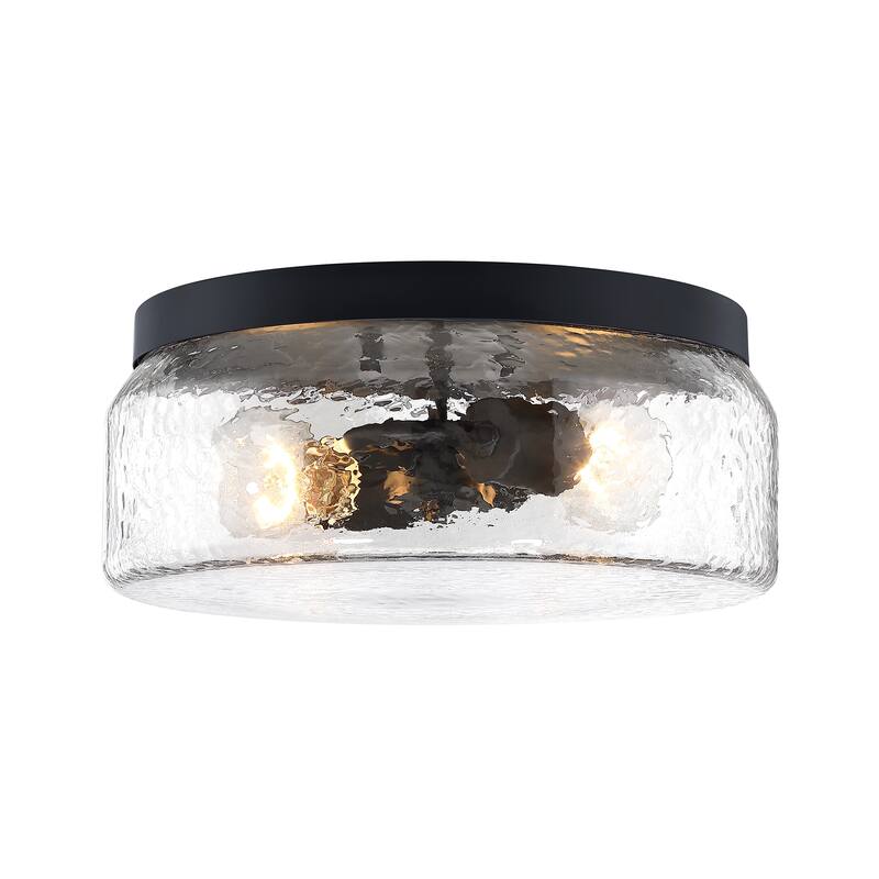Rose Marie 13 in. 2-Light Matte Black Mid-Century Modern Semi Flush Mount with Clear Rippled Glass Shade for Bedrooms