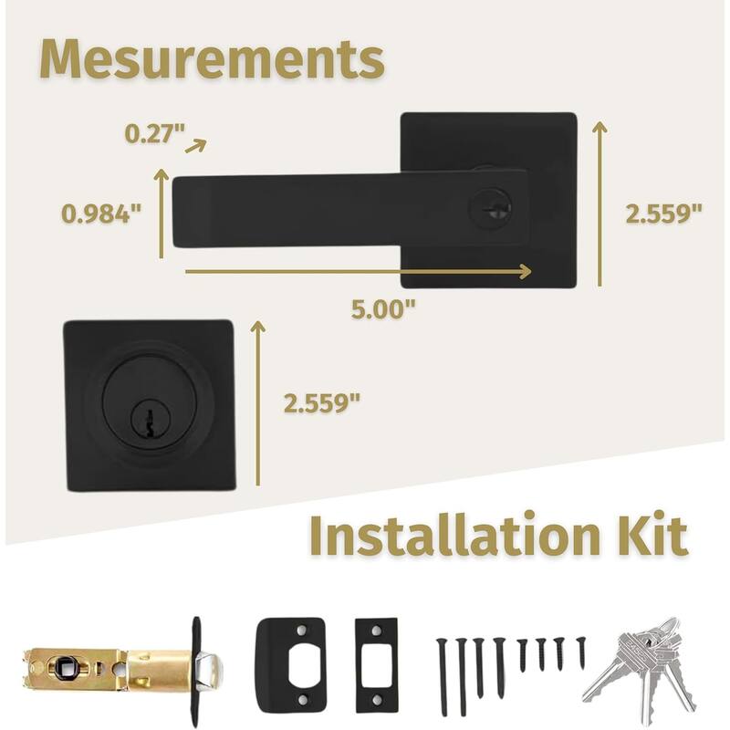 Mega Handles ROBELL Square Entry Lever and Deadbolt Combo | Front Door Lock Set | Modern Stainless Steel | Keyed Door Lever