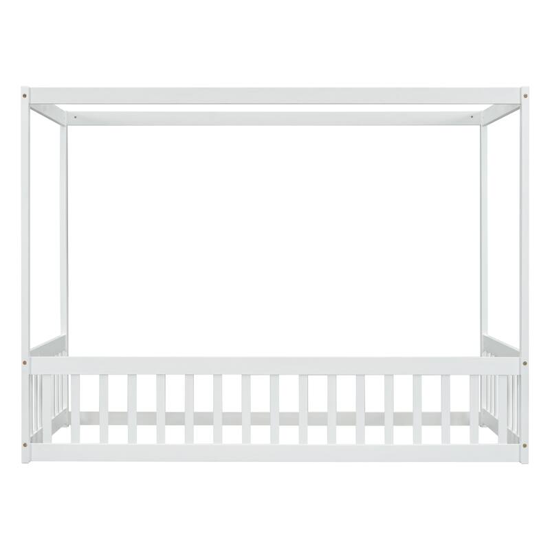 Twin Size Canopy Frame Floor Bed with Fence, Guardrails