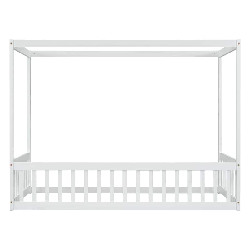 Wood Canopy Frame Floor Bed with Fence,Guardrails