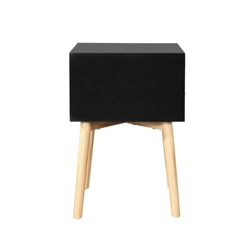 Nightstand with Double Drawers and Rubber Wood Legs, Mid-Century Modern Design