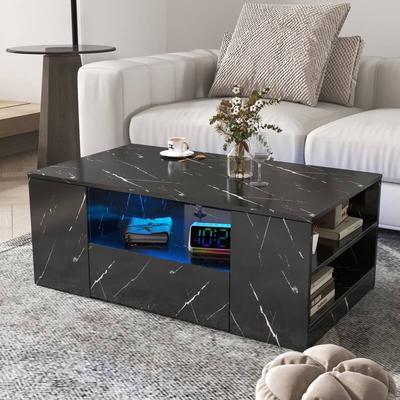 14.57" High LED Coffee Table ,Modern Coffee Tables Center Storage Table with 2 Drawers and Open Side Shelf