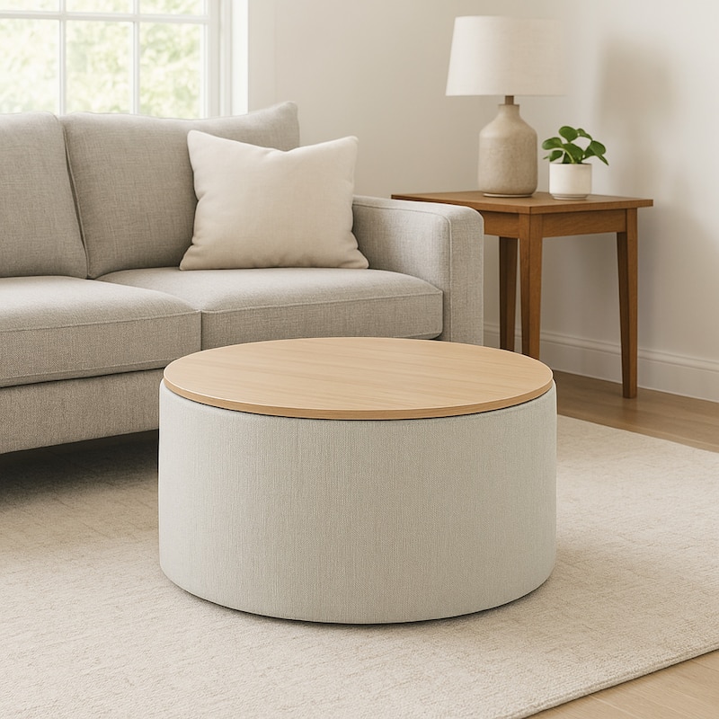 Mesy Storage Ottoman, 30 Inch Round Lift Tray Top, Light Gray Woven