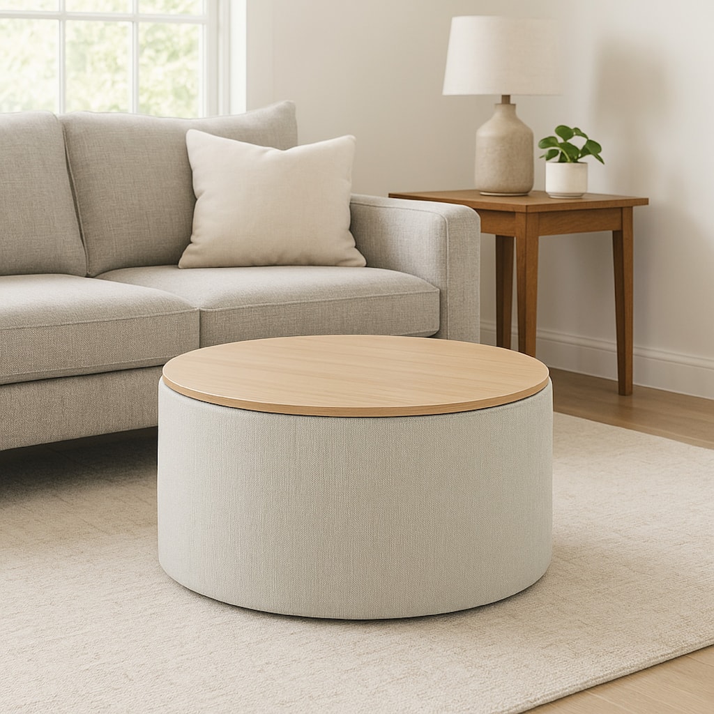 Mesy Storage Ottoman, 30 Inch Round Lift Tray Top, Light Gray Woven