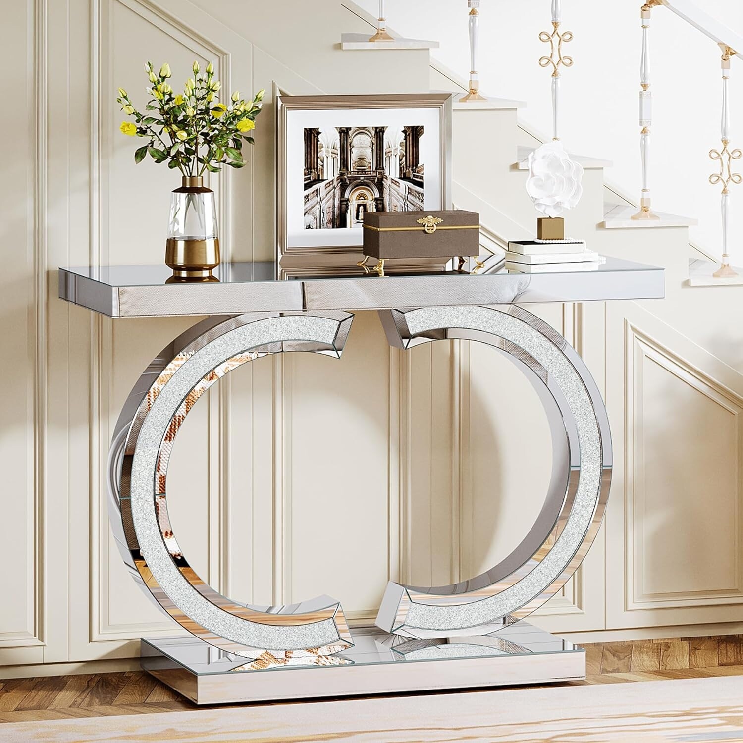 39-inch Mirrored Console Table for Entryway, Modern Silver Glass