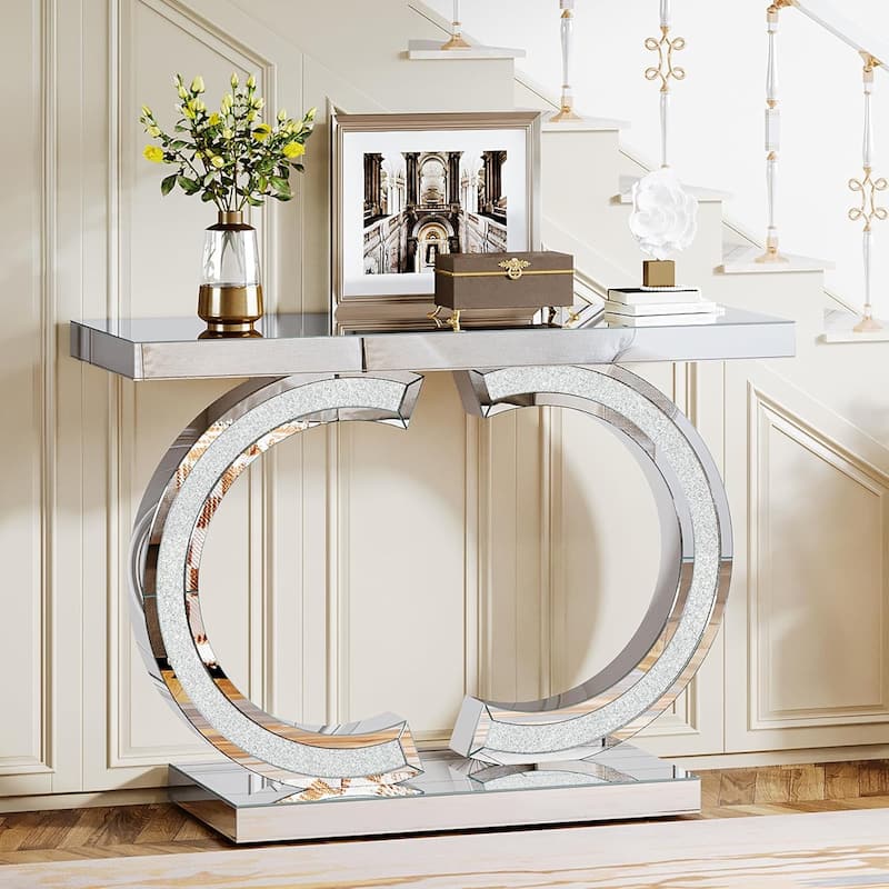 Silver Console Table, 39” Mirror Entryway Table for Entrance