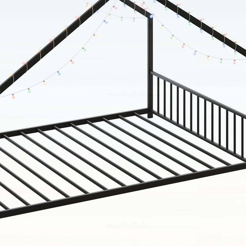 Platform Bed with LED light strips,roof-shaped iron frame,and low profile design for safety and style