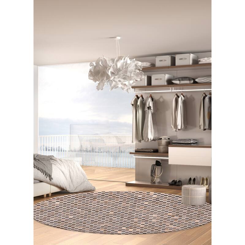 ECARPETGALLERY Handmade Cowhide Patchwork Dark Brown, Ivory Leather Rug - 7' x 7'