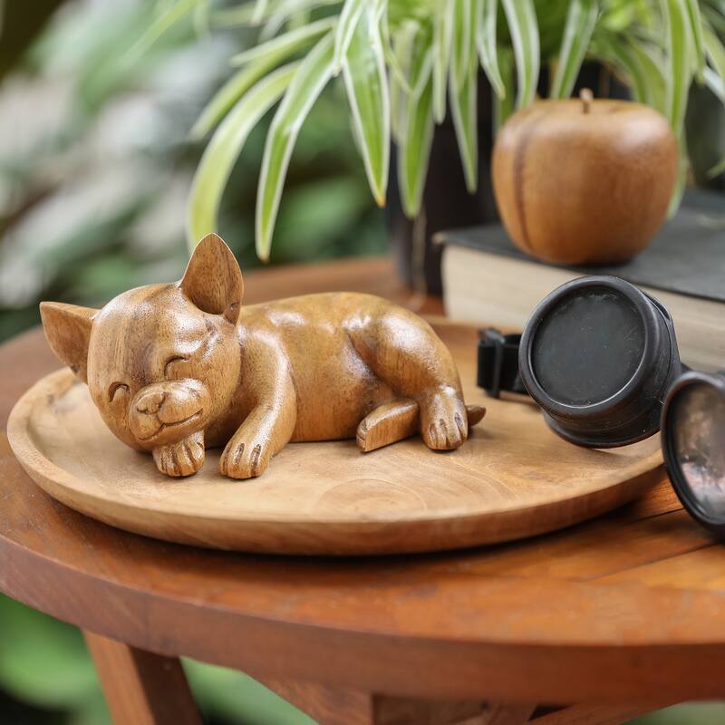 Novica Handmade Sleeping Chihuahua Wood Figurine