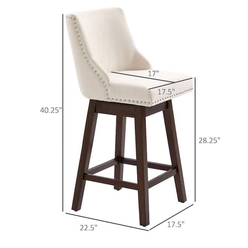 HOMCOM 28" Swivel Counter Height Bar Stools with Backs, Upholstered Dining Room and Kitchen Bar Stools Set of 2 with Wood Legs
