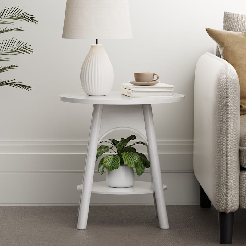 COZAYH Modern Distressed White Round End Table with Lower Shelf, Farmhouse Side Table for bedroom, living room, or office