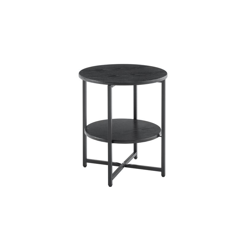 Modern Small Round Coffee Table 2 Tier Farmhouse End Table with Storage Shelf, for Bedroom Living Room, Black