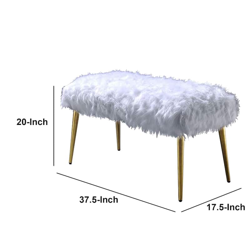 Modern Style Faux Upholstered Metal Bench with Tapered Legs, White and Gold