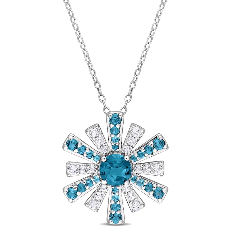 Miadora London Blue Topaz and White Topaz Floral Necklace in Sterling Silver