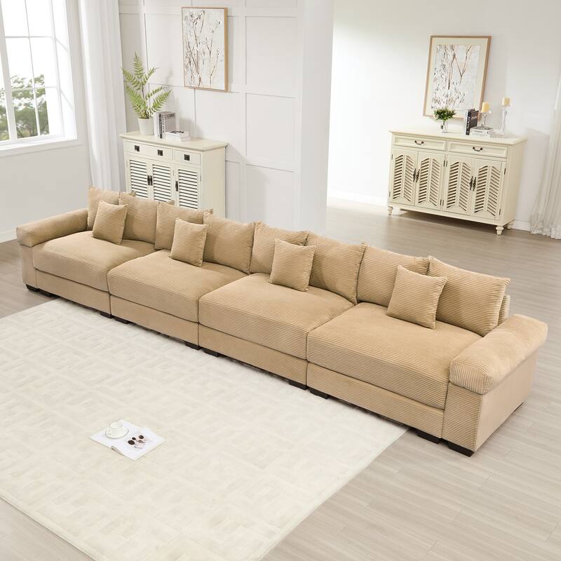 170" Oversized Corduroy Cloud 4-Seat Modular Sectional Couch with 12 Throw Pillows - Camel