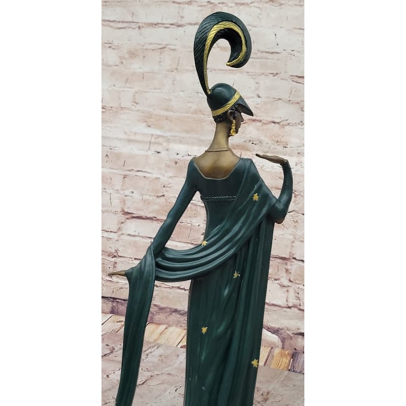 J. Erte Art Deco Bronze Lady Statue – Glamorous Figurine In Flowing Gown With Star Accents On Marble Base