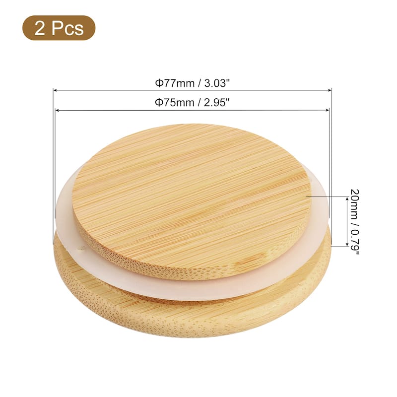 2Pcs Bamboo Lids with Silicone Sealing Rings, Wooden Mason Jar Lids