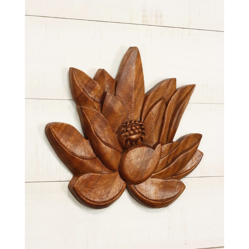 11" Wood Lotus Wall Panel - Hand Carved Decorative Flower Art, Zen Nature Wall Decor