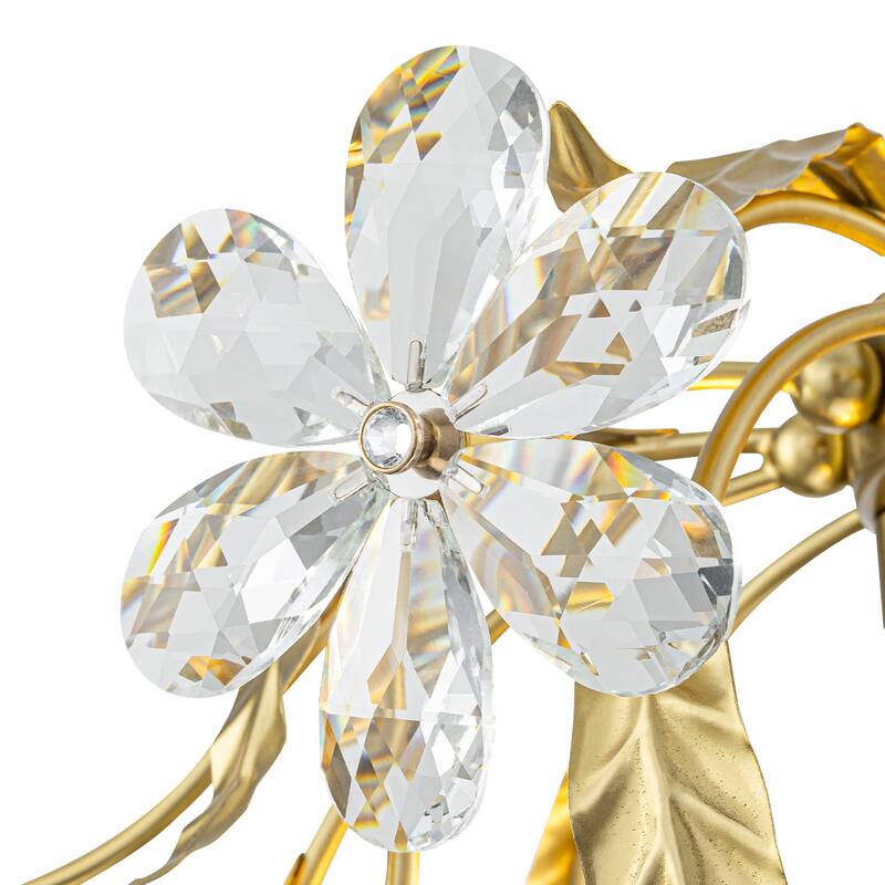 Brushed Gold 4-Light Branch Chandelier with Crystal Floral Accents - Dia.17.72-in