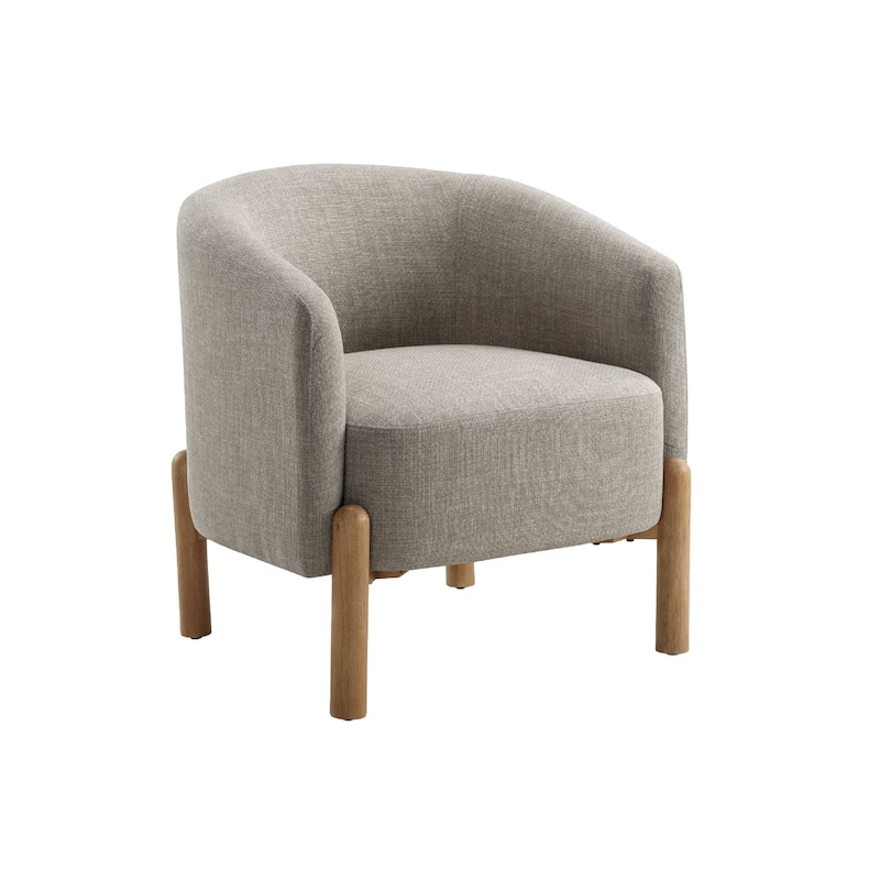 Diya Barrel Style Accent Chair, Taupe Gray Polyester, Brown Wood Legs