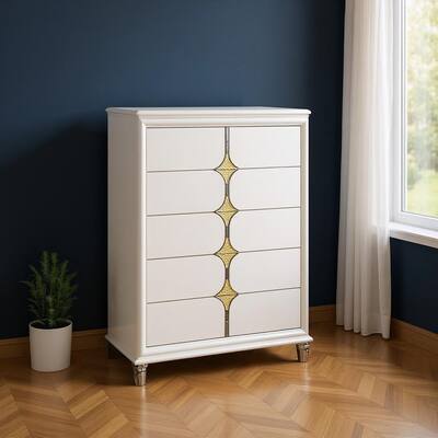 HomeRoots 37" White Wood With Gold Faux Crystal Bling Wood Five Drawer Dresser