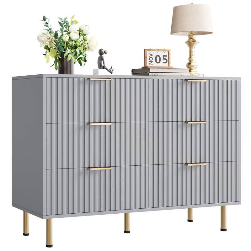 6 Drawer Fluted Dresser for Bedroom, Wide Modern Chest of Drawers, Long Double Dresser