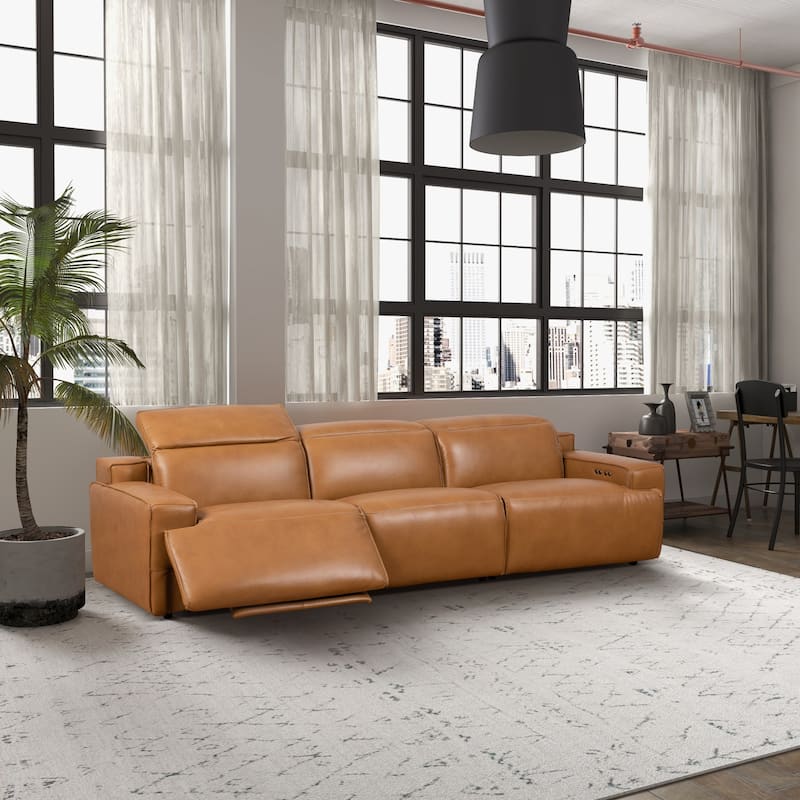 Primrose Modern Genuine Leather Triple Power Reclining Sofa - Tan Leather