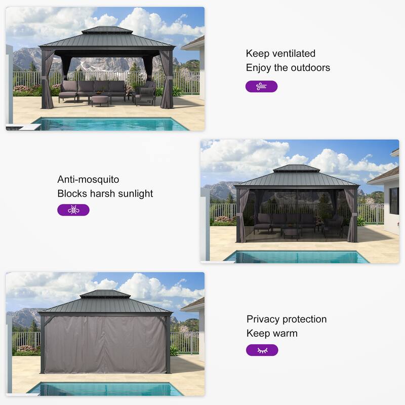 PURPLE LEAF Outdoor Galvanized Steel Hardtop Gazebo, Aluminum Frame Gazebo With Curtains