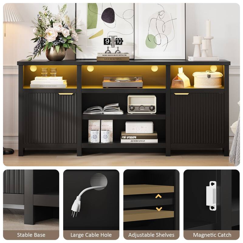 Gyomojoy 71" LED Farmhouse TV Stand for 75-85 Inch TV, Modern Boho Media Console with RGB Lights, 2 Doors & Adjustable Shelves.