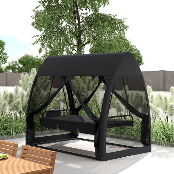 slide 2 of 8, Outsunny 3-Seat Patio Swing Chair, Porch Swing Bed with Convertible Backrest, Cushion, Canopy, Side Pocket & Mesh Netting Grey
