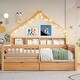 preview thumbnail 17 of 26, Full Size House Platform Bed with LED Light, 2 Drawers & Storage Shelves, Wooden House-Shaped Daybed Sofa Bedframe w/ Guardrail