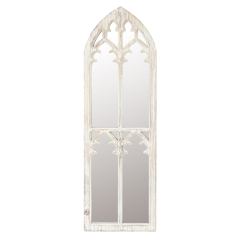 Wood Cathedral Framed Wall Mirror - Weathered White Wood