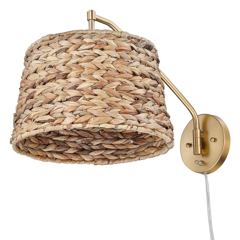 Wry Lighting Ryleigh 1-light Swing Arm in Brushed Champagne Brass and Woven Sweet Grass - 1 Light Articulating Wall Sconce