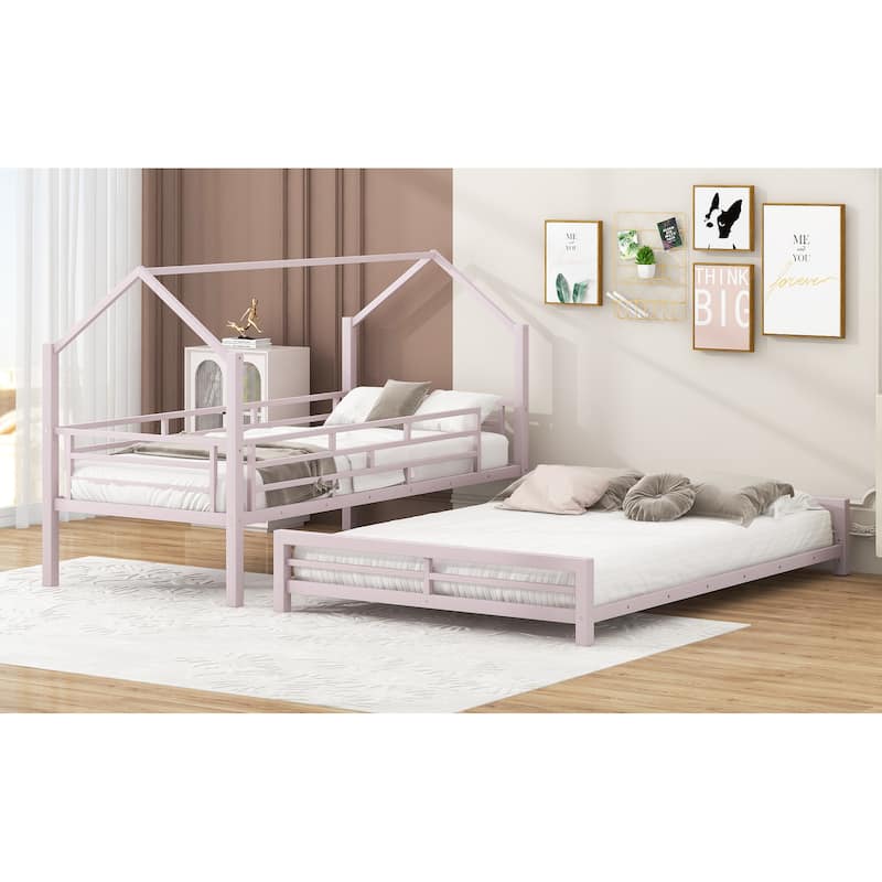 Pink Metal House Bunk Bed with Roof, Ladder, and Fence for Kids