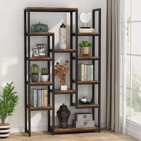 6-Tier Bookshelf 70.9 inch Tall Bookcase, 12-Shelf Industrial Display Shelves - Brown