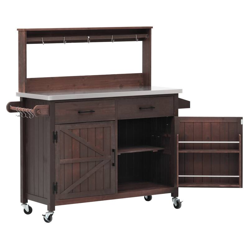 54.1" Outdoor Kitchen Island,Outdoor Grill Cart on Wheels, Potting Bench Table with Stainless Steel Top and Storage Cabinet