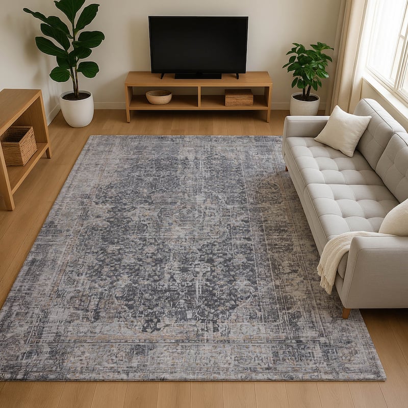 Premium Washable Super Soft Vintage Traditional Mayfield Rug - Charcoal - 10' x 14'