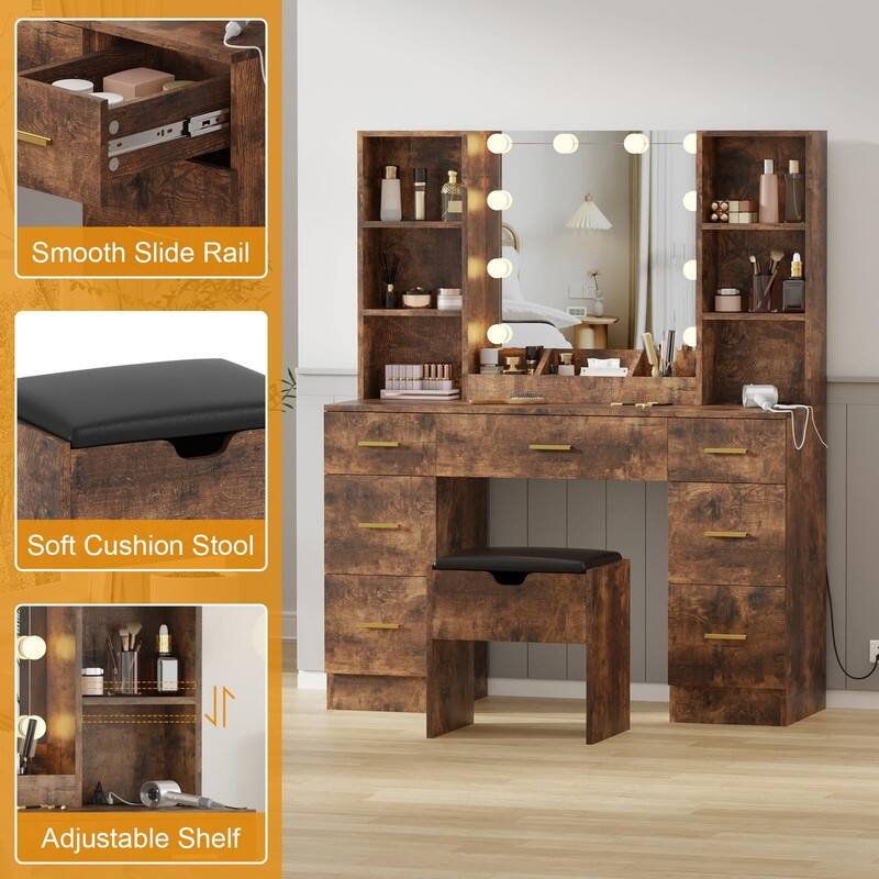 56" Farmhouse Makeup Vanity Set with Lighted Mirror, Charging Station, 7 Drawers