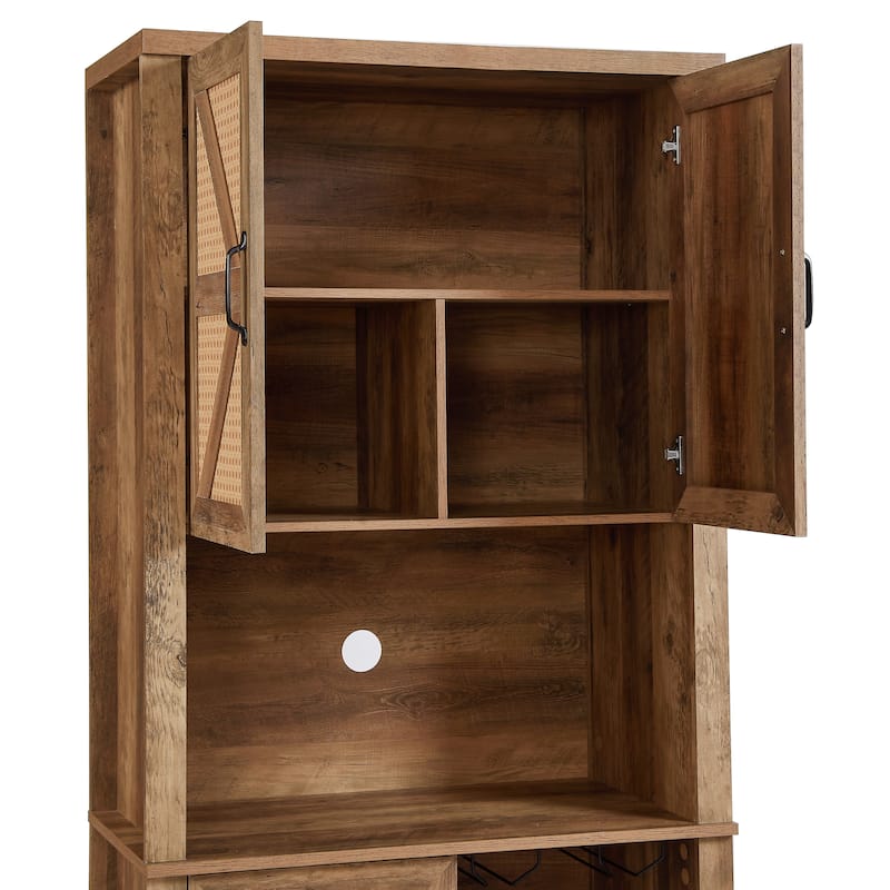 Kitchen Faux Rattan Wine Cabinet, Oak Bar Cabinet with Square Compartments and Shelves, Wooden Storage Cabinet with Barn Doors