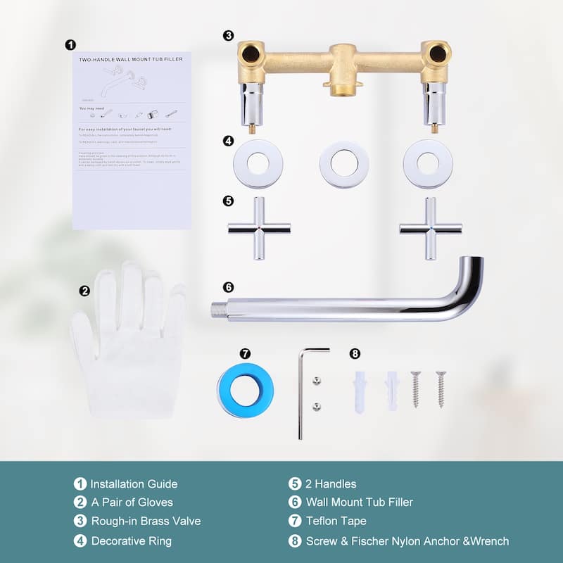WOWOW Modern Cross-Style Dual-Handle Wall-Mounted Bathtub Faucet