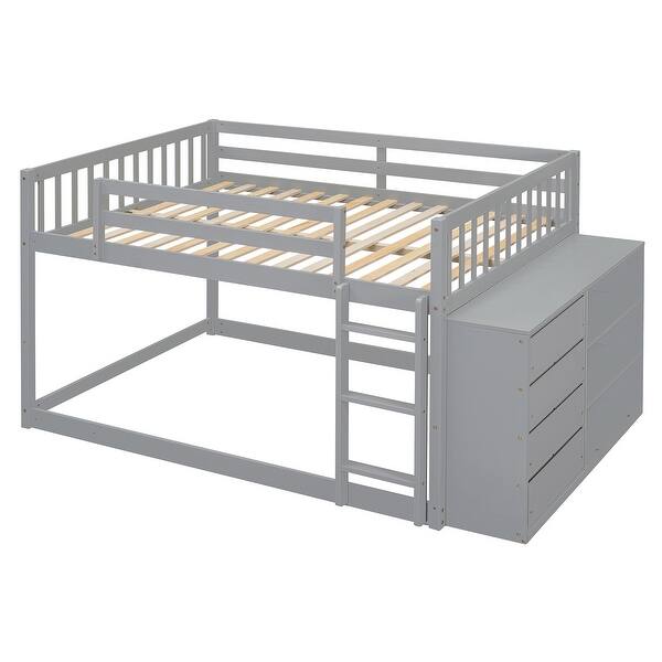 slide 2 of 17, Full Over Full Low Bunk Bed with Storage, Wood Floor Bunk Beds w/4 Drawers & 3 Shelves, for Kids, Girls Boys, Teens, Adults,Grey Grey - Full