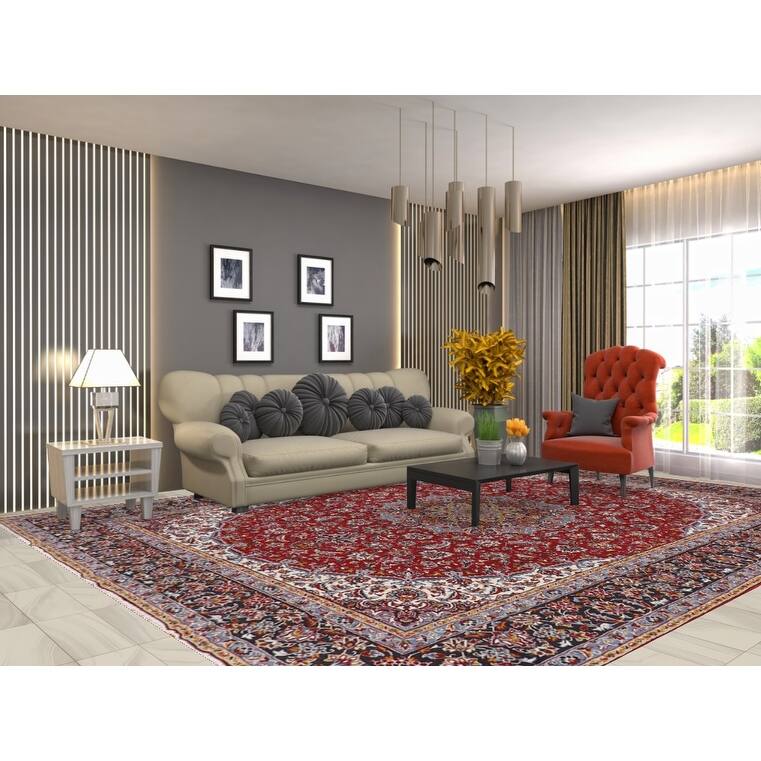 Medallion Kashan Turkish Area Rug Red Machine Made Floral Carpet - 9'9" x 12'11"