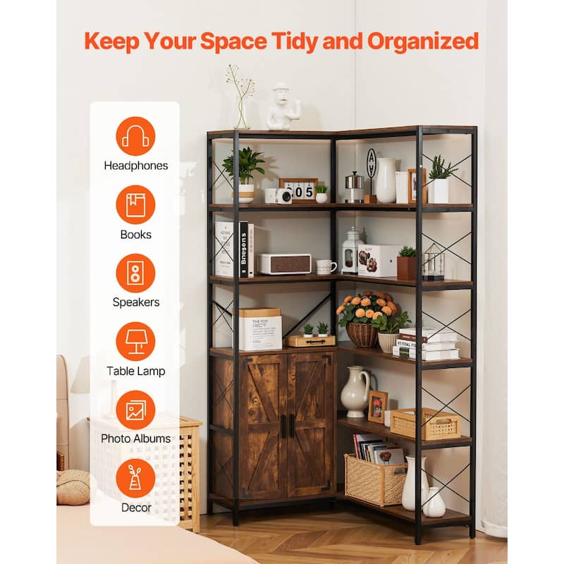 L-Shaped 6 Tier Corner Bookcase with Adjustable Shelves and Doors - 31.5 x 40.16 x 70.8 in