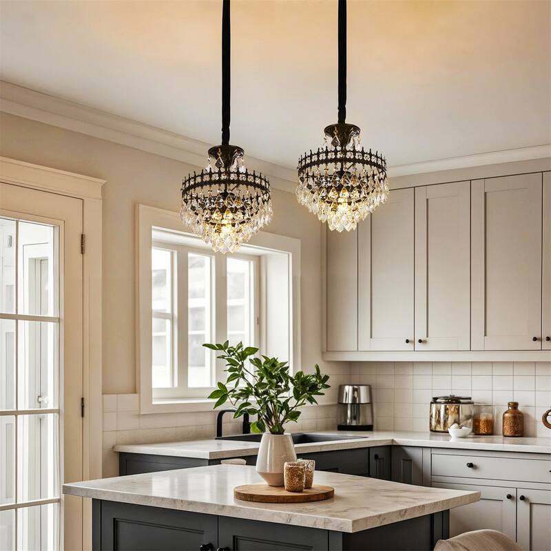 Vintage Crystal Chandelier Round Ceiling Pendant Lamp Hanging with Matt Black Iron Frame