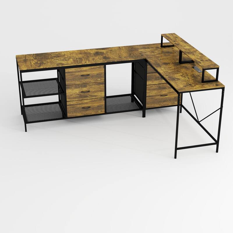 Anmytek Rustic Industrial L Shaped Desk with Power Outlets USB C 6 Fabric Drawers 3 Open Shelves Movable Monitor Stands