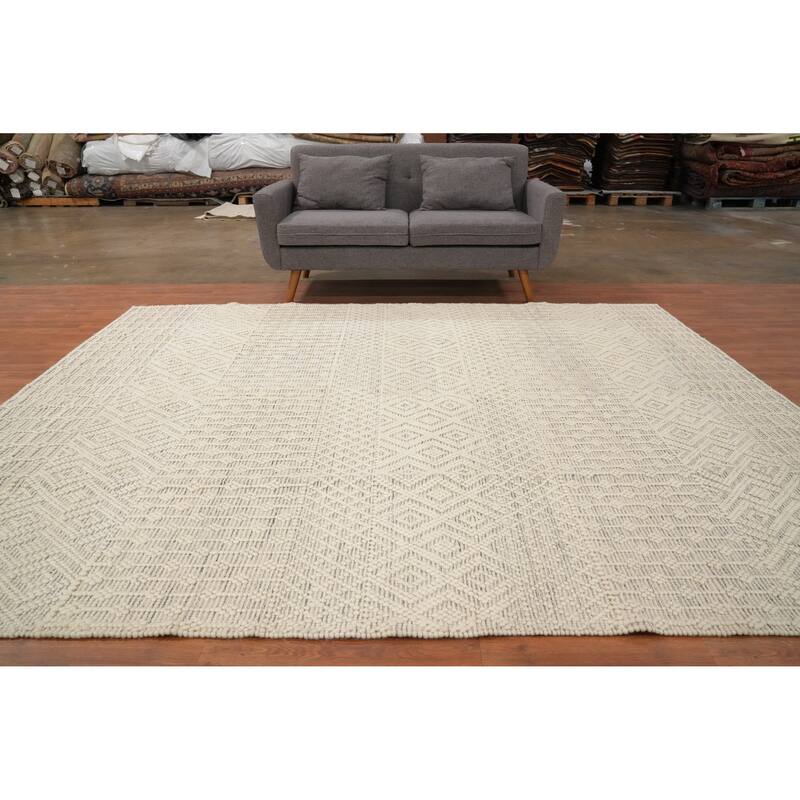 Hand Knotted Oriental 100% Wool Carpet Modern Geometric Beige & Ivories Modern Gotti Design Area Rug - 9' 8'' X 7' 11''