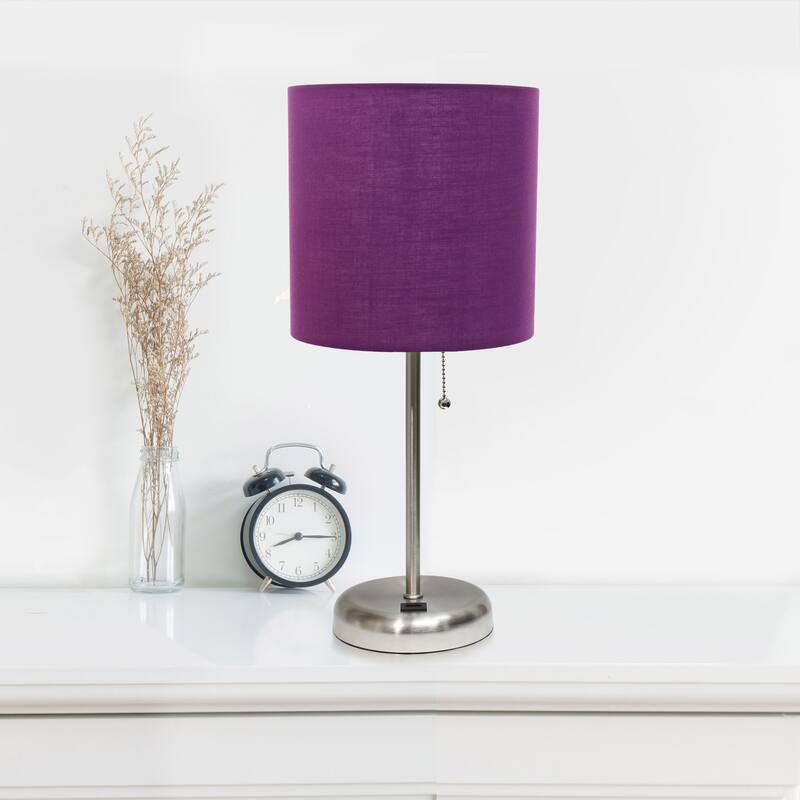 19.5 in. Brushed Steel Finish Table Lamp with Purple Shade, Durable Stick Lamp for End/Side Tables, Set of 2